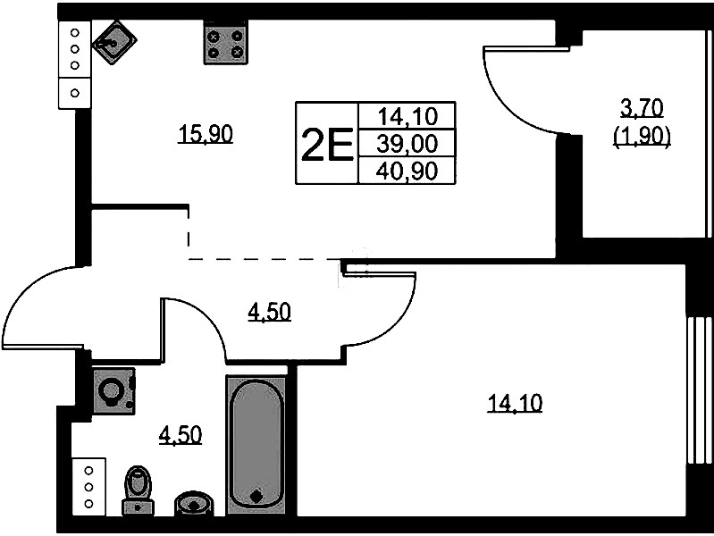 1-комнатная квартира 40.9 м², 10/13 эт., ЖК «А101 Лаголово»
